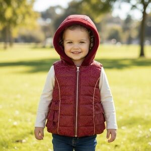 Red Gold Glitter Toddler Puffer Vest, Faux Fur Lined Hood, Size 3T, Zip Front